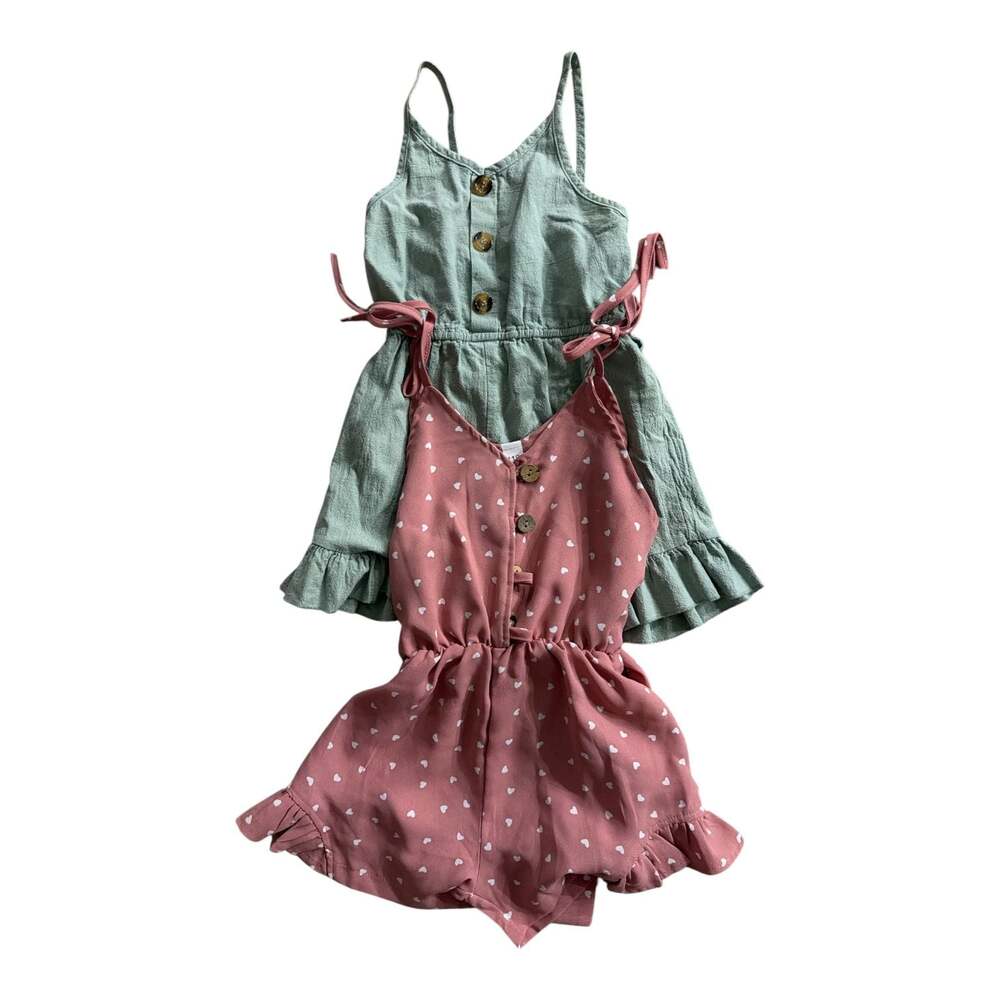 Toddler Girls Sleeveless Ruffled Romper Set, Pink Heart Print and Solid Sage Gre